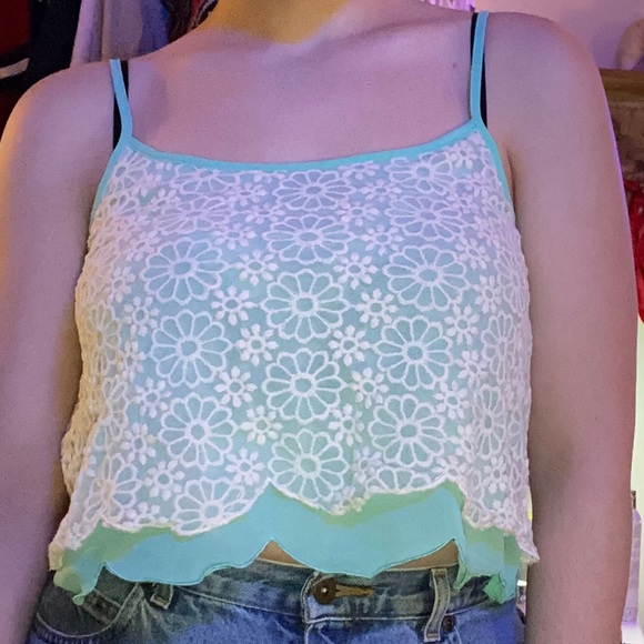 DOUBLE ZERO LAYERED AQUA WHITE LACE TANK TOP - Picture 8 of 16